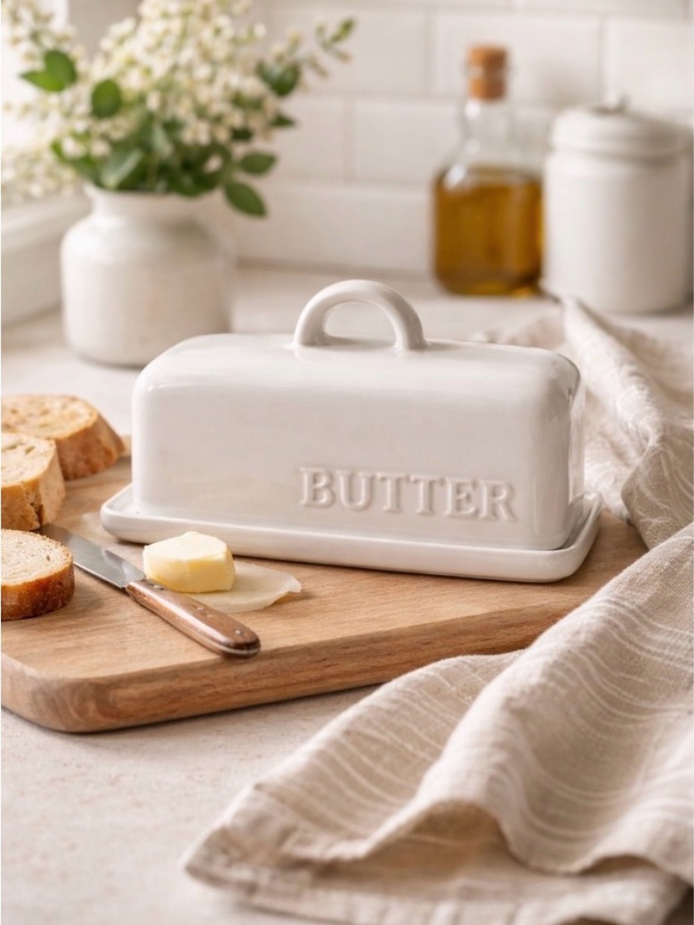 Threshold | White Ceramic Butter Dish with Raised 'BUTTER' Label